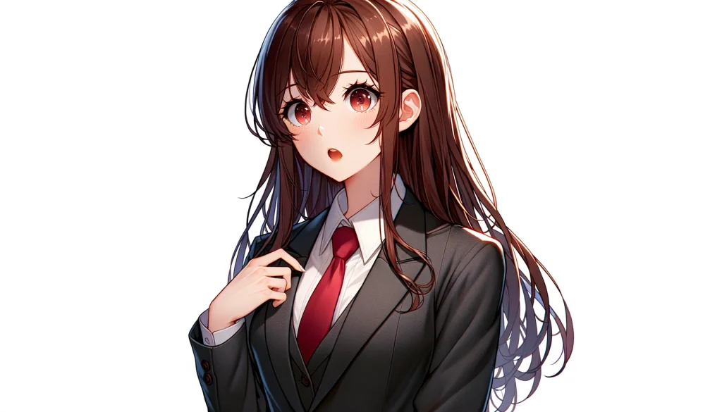 A digital illustration of Saki, a female character with beautiful, long brown hair, wearing a formal business suit without any accessories, against a plain white background. In this scene, Saki is speaking with a worried expression on her face, indicating a moment of concern or unease. Despite her usual confident posture, there's a noticeable tension that suggests she's discussing something troubling or uncertain. The art style remains anime, with detailed character design, crisp lines, and vibrant coloring. The overall tone is adjusted to reflect Saki's current emotional state of concern. The background is completely white, focusing all attention on Saki's expression of worry.