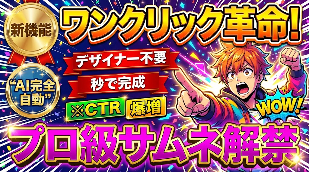 デザイナー不要。「ワンクリック」でクリック率が激変するプロ級YouTubeサムネイル生成AI、ついに解禁。