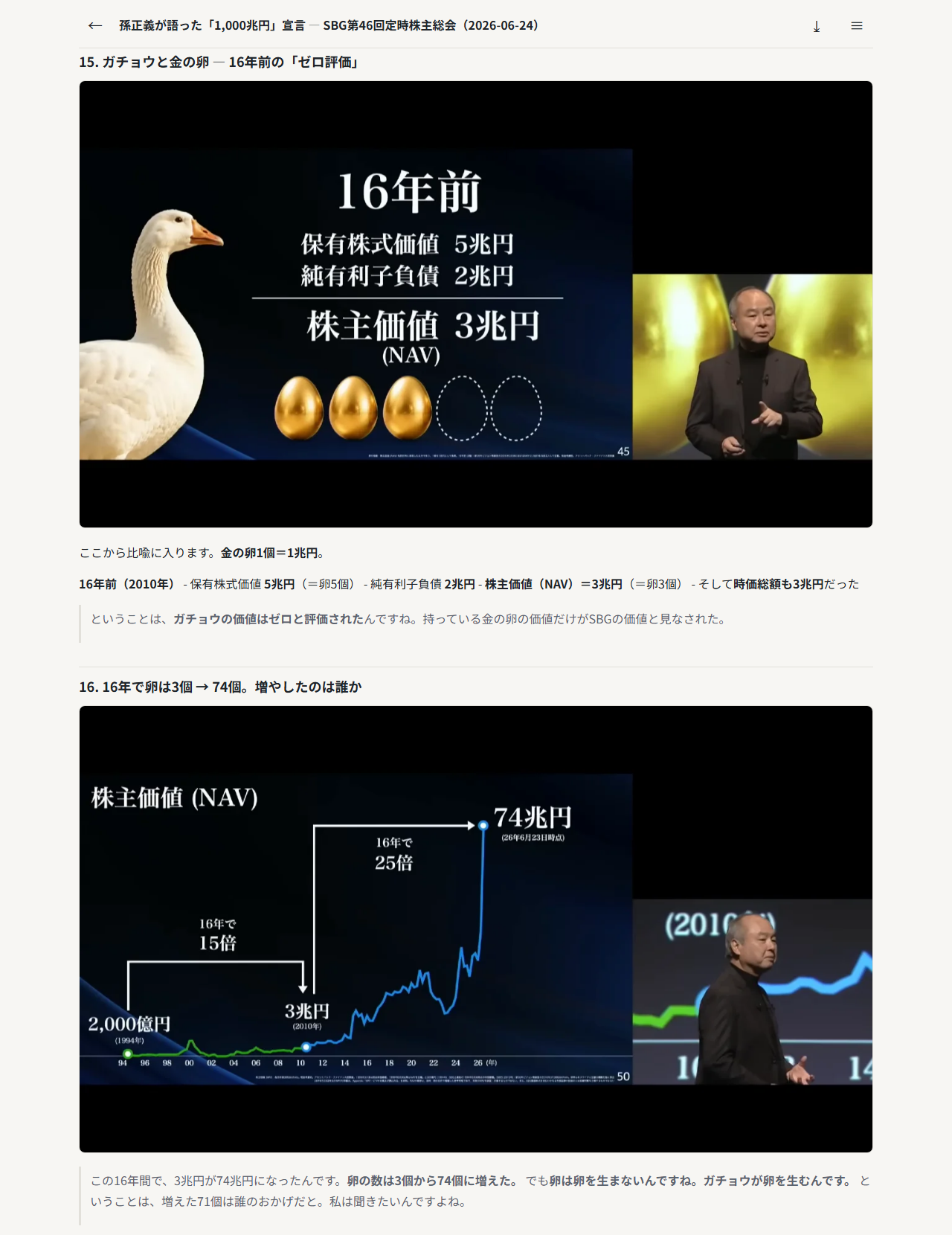 見出し・動画の場面・説明が交互に並ぶ