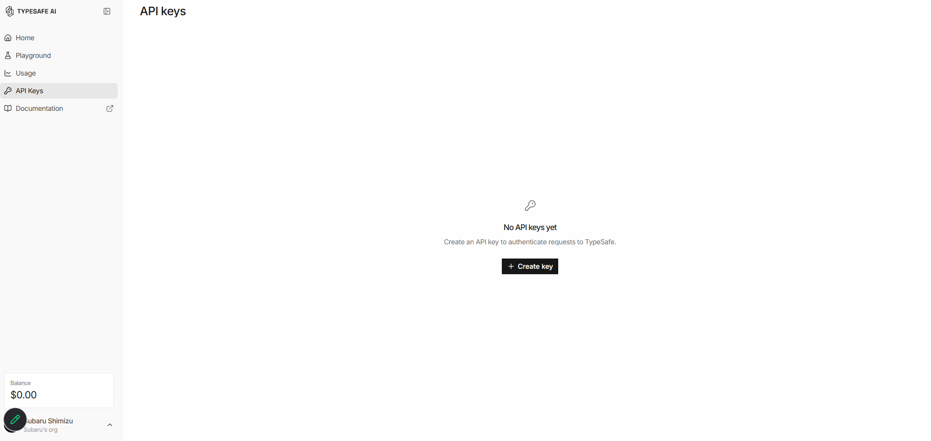 API Keysの画面。左下の残高は0.00ドル