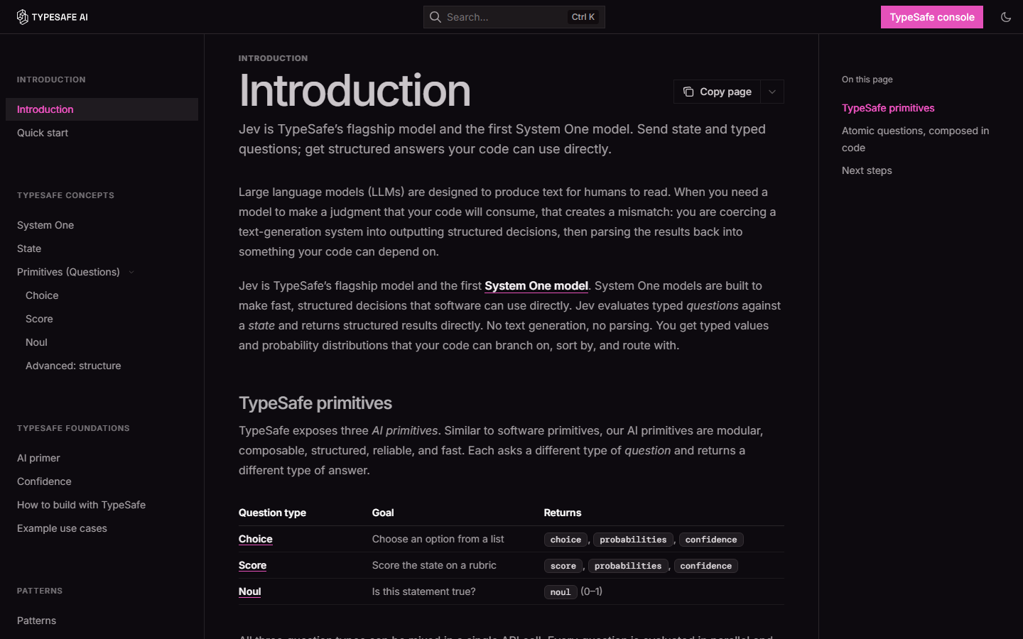 TypeSafe AI公式ドキュメントのIntroduction。3つの質問の型が表になっている