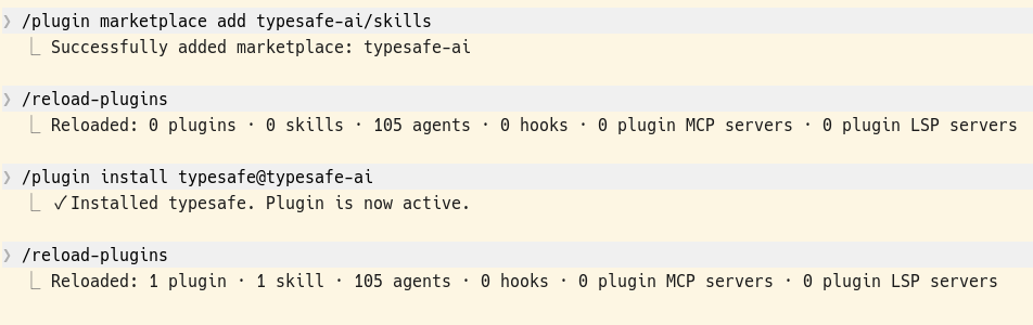 4行を打ち終えたところ。最後の行に「1 plugin · 1 skill」と出れば完了