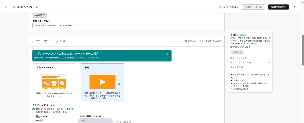 スポンサーブランド広告の広告フォーマット。動画が選べる