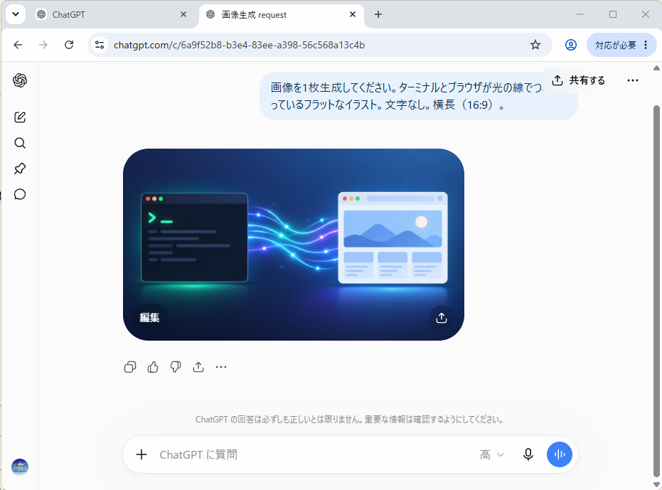 DevTools MCPだけでChatGPTを開き、画像を作らせたところ