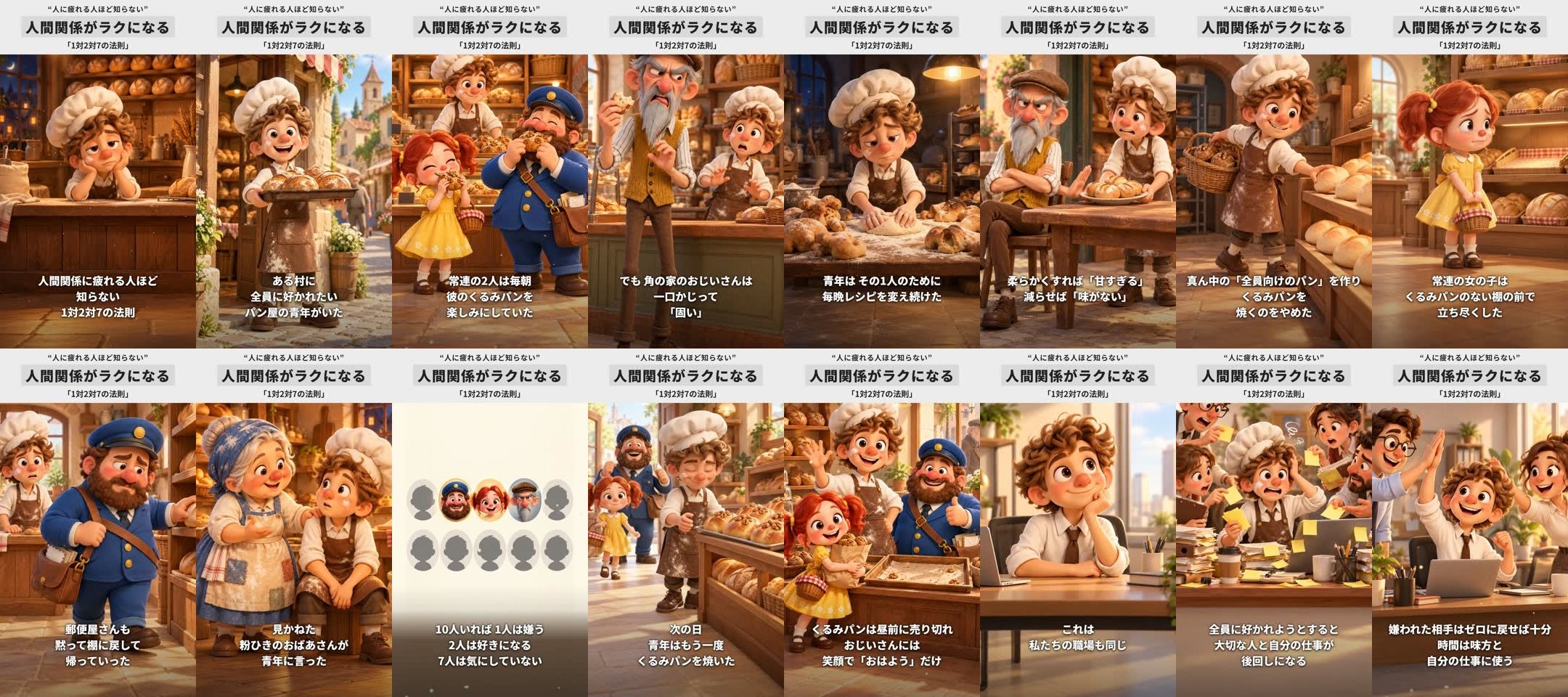 1対2対7の法則のショート動画の全16場面。上に題名の帯、下に字幕が入っている