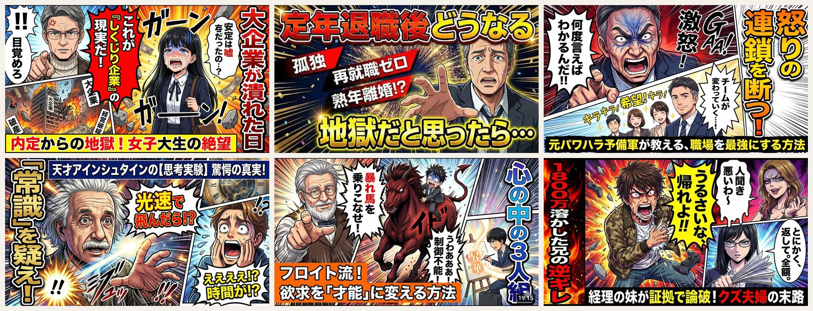 人間ドラマ系のサムネイル6本。上の段がよく見られている上位3本
