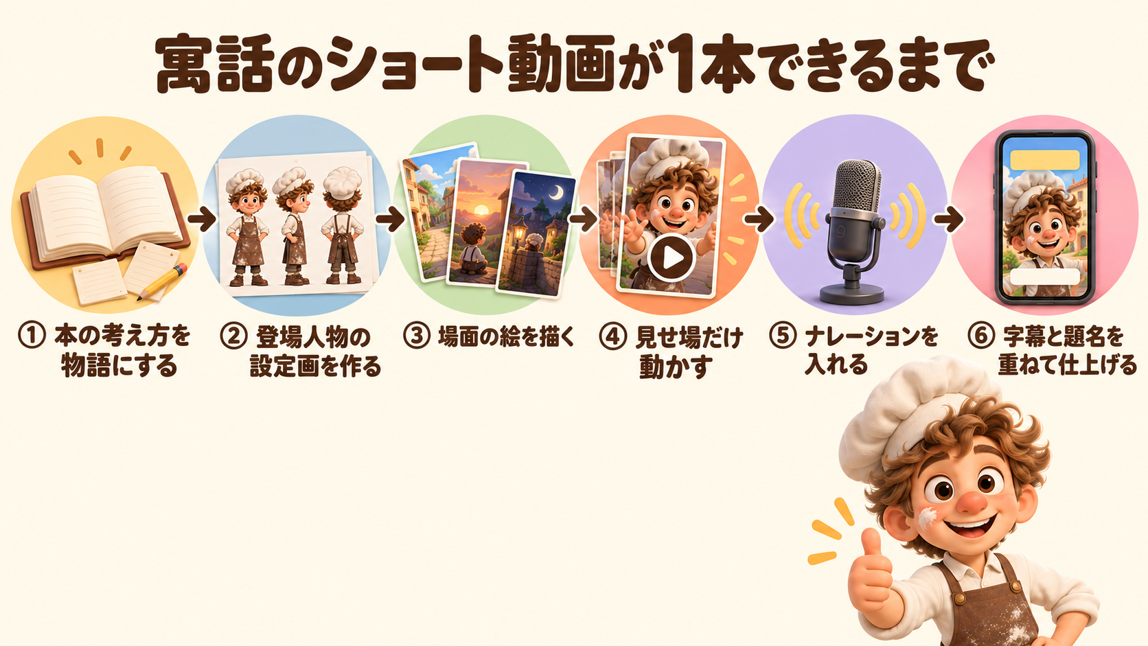 寓話のショート動画が1本できるまでの6工程。本の考え方を物語にする、設定画、場面の絵、見せ場だけ動かす、ナレーション、字幕と題名で仕上げ