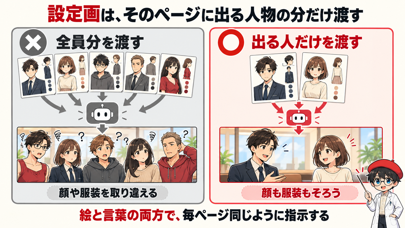 全員分の設定画を渡すと取り違え、出る人だけを渡すと顔も服装もそろうことを比べた図