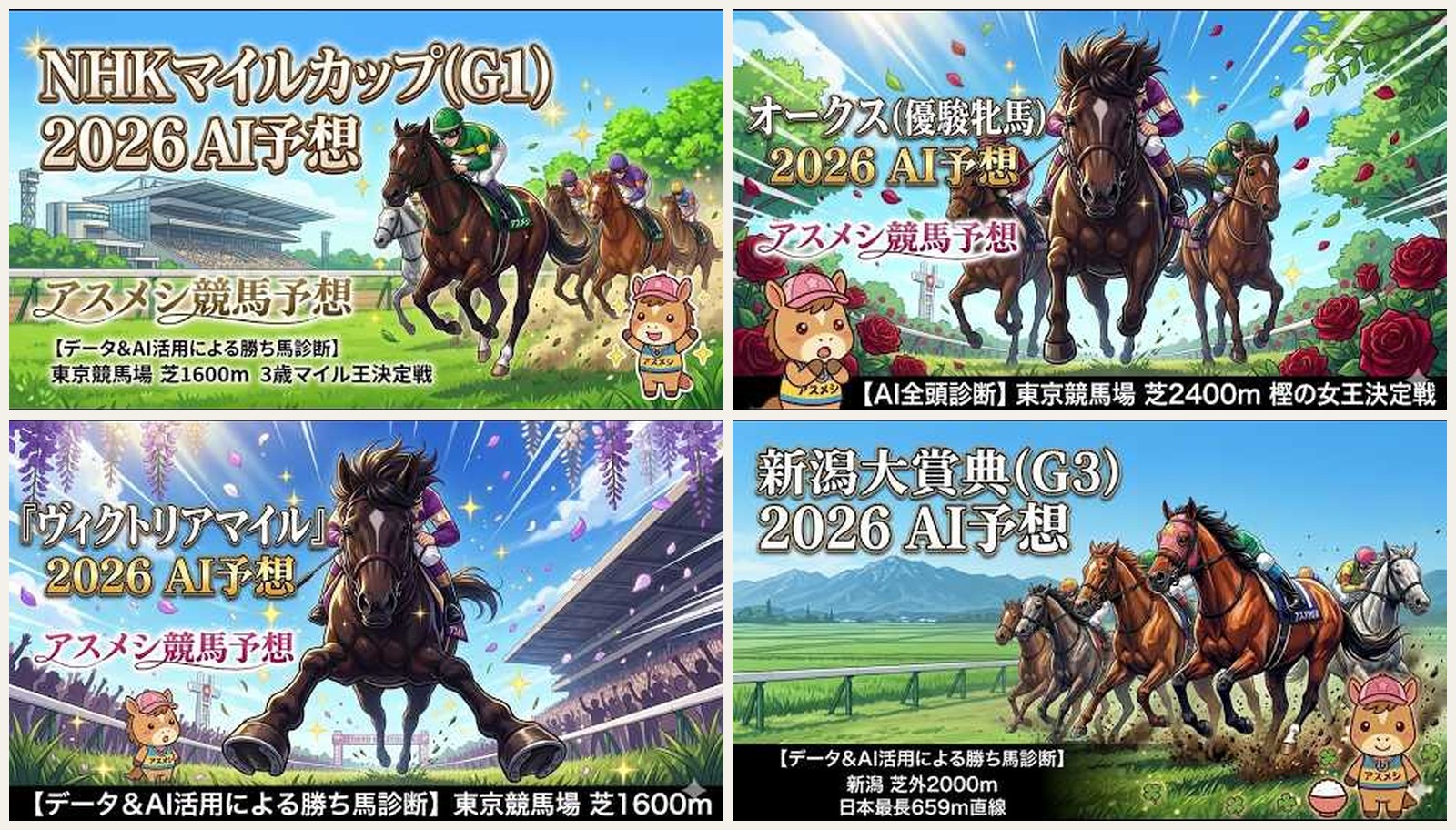 アスメシ競馬予想のYouTubeサムネイル4本。NHKマイルカップ・オークス・ヴィクトリアマイル・新潟大賞典