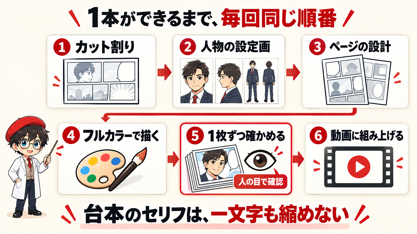 カット割りから動画に組み上げるまでの6つの工程の流れ図