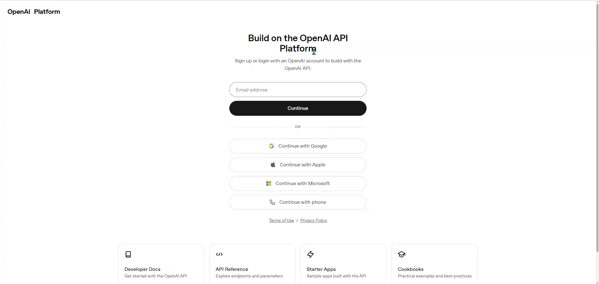 OpenAIの開発者向けの画面のログイン