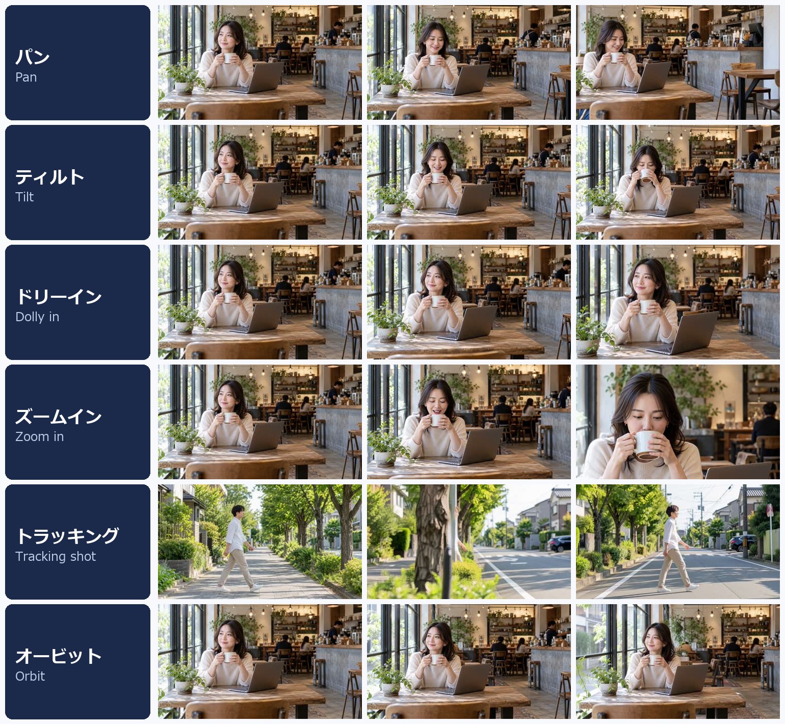 MiniMax H3 に名前で頼んだ実物。パン・ティルト・ドリーイン・ズームイン・トラッキング・オービット(左から始まり・真ん中・終わり)