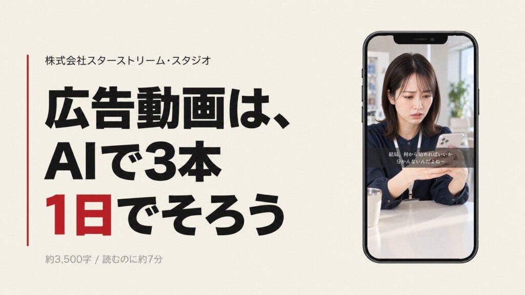 広告動画の外注、1本ずつ待っていませんか ― AIで作れば、すぐ直せて何本も作れる。3本を1日でそろえて一気にテストし、獲得単価を下げる