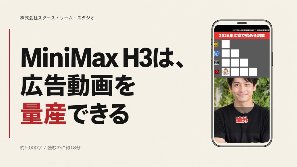 MiniMax H3 × ComfyUIで広告動画を量産する方法 ― 5つの型を実物で、API代0円・本数の上限なし【導入手順書プレゼント】