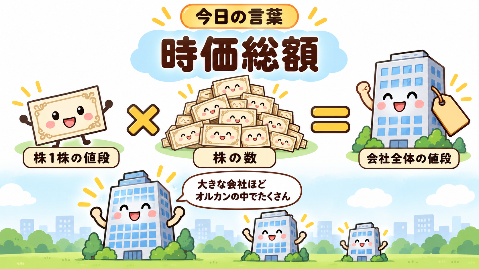 時価総額は、株1株の値段×株の数で決まる会社全体の値段