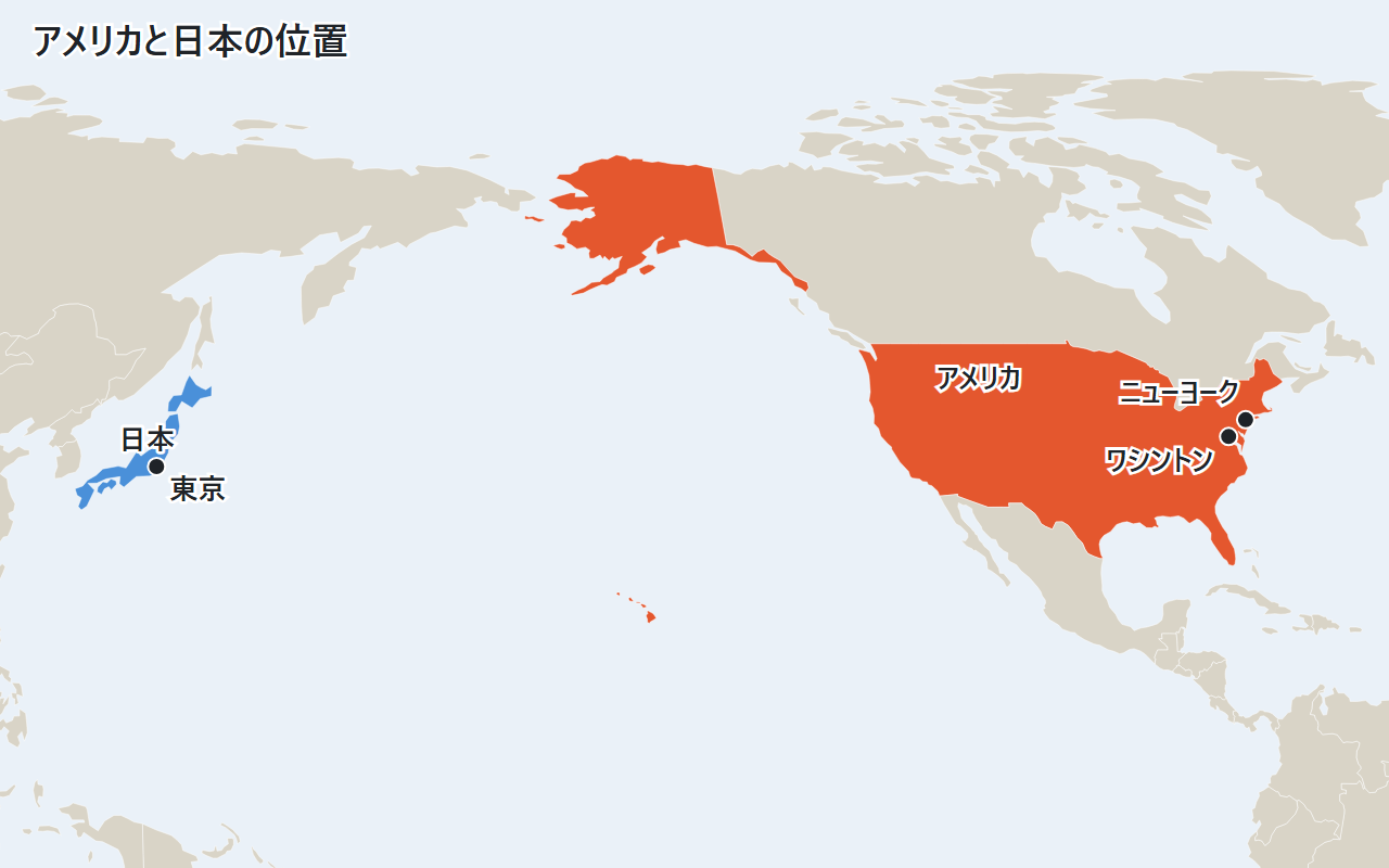 アメリカと日本の位置。アメリカの首都ワシントンとニューヨーク、日本の東京