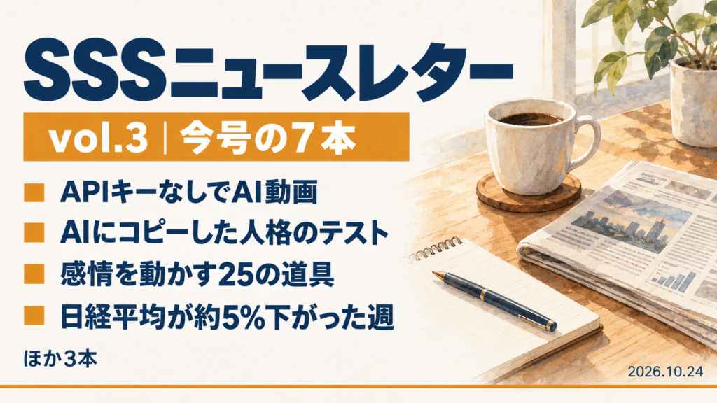 SSSニュースレター vol.3 ― APIキーなしでAI動画、AIにコピーした人格のテスト、日経平均が約5%下がった週、ほか今号の7本