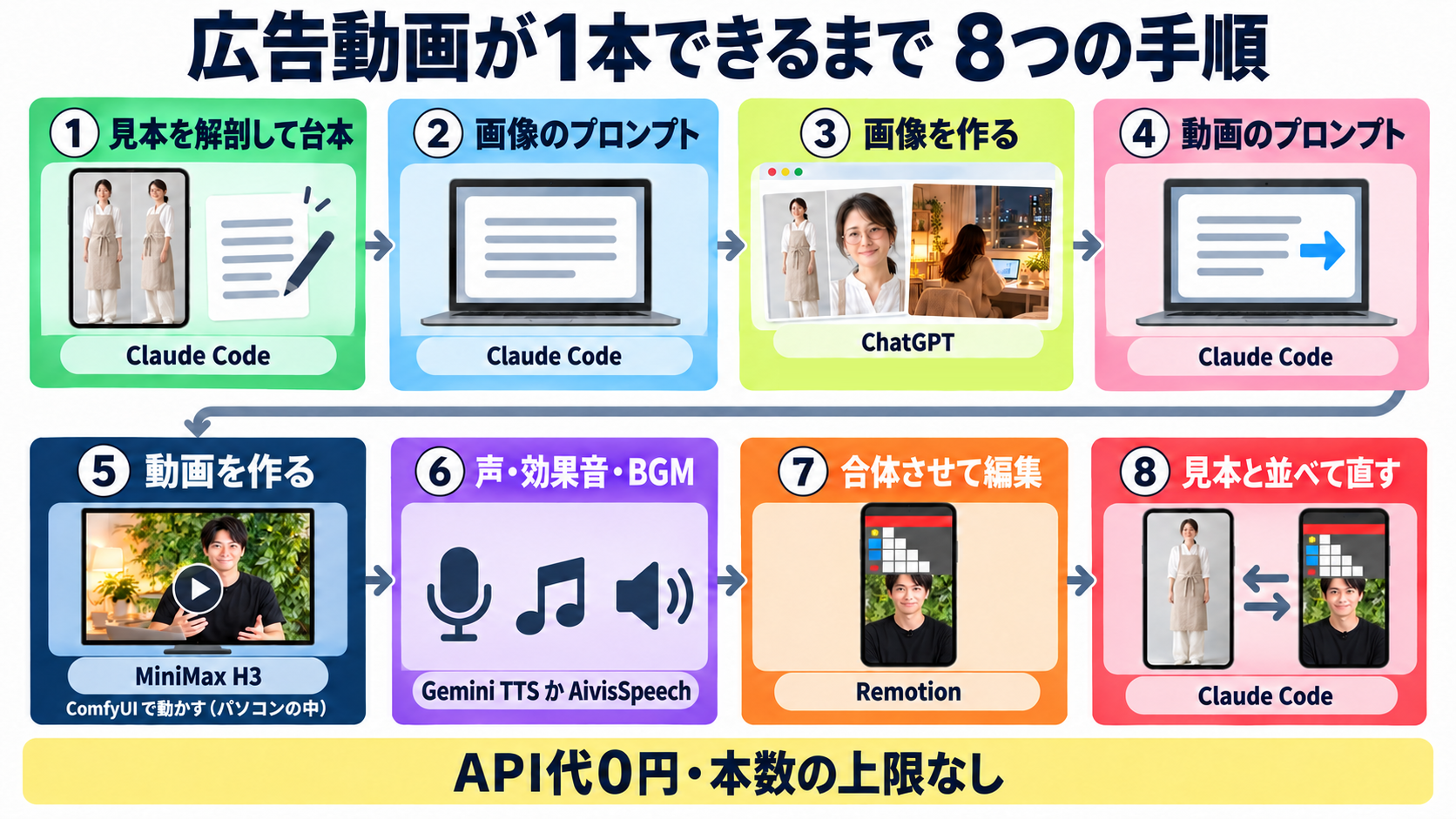 広告動画が1本できるまでの8つの手順。Claude Codeで見本を解剖して台本と画像・動画のプロンプトを作り、ChatGPTで画像を、ComfyUIでMiniMax H3を動かして動画を作り、声・効果音・BGMをそろえてRemotionで合体編集し、見本と並べて直す