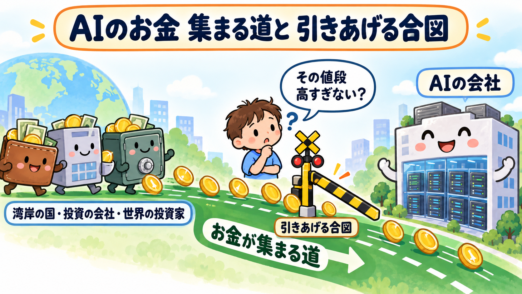 湾岸のお金や投資家のお金がAIの会社に流れ込む道と、値段が高すぎると買い手が集まらなくなる合図