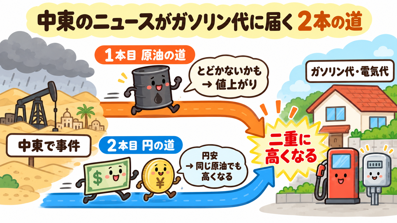原油の道と円の道の2本が、ガソリン代と電気代につながる図