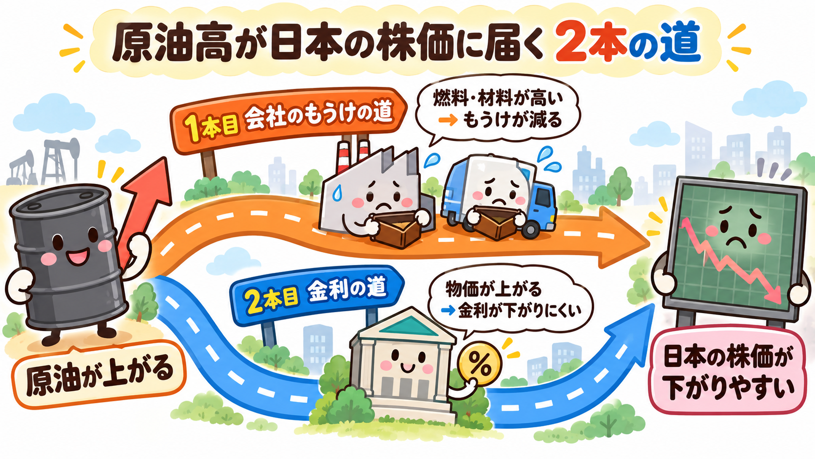 原油高が、会社のもうけの道と金利の道の2本を通って、日本の株価に届く図