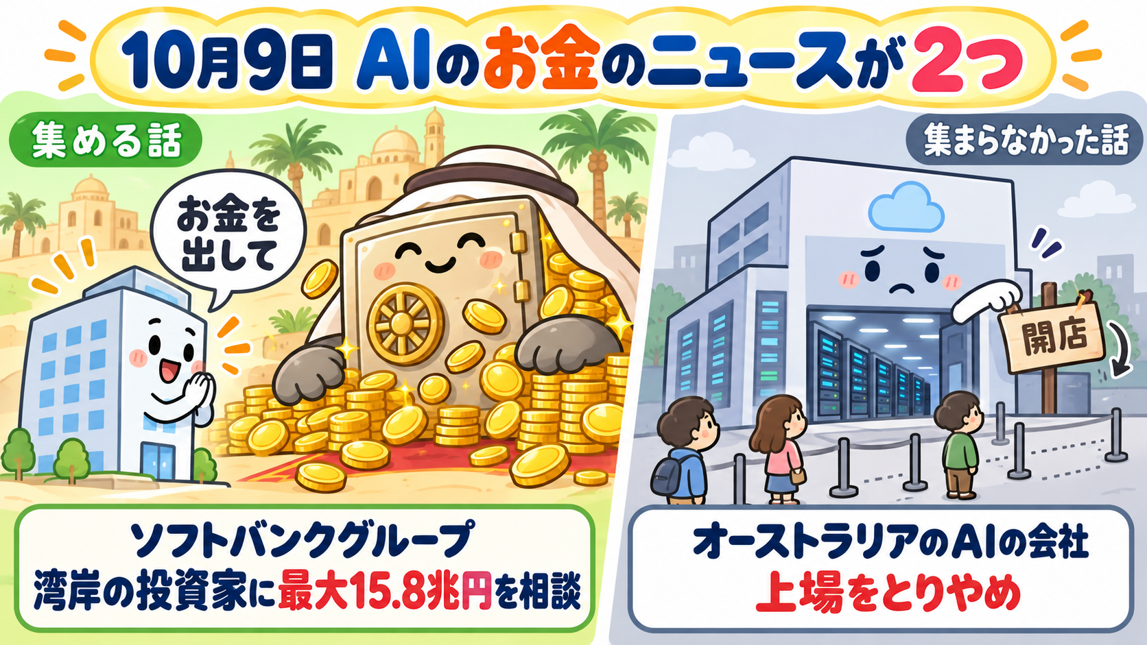 10月9日に起きた2つのこと。ソフトバンクが湾岸の投資家に最大15.8兆円を相談し、オーストラリアのAIの会社は上場をやめた