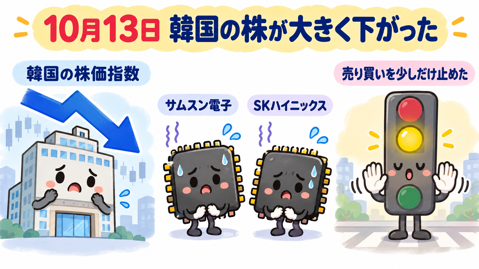 10月13日、韓国の株が大きく下がり、売り買いの一部を少しの間止めた