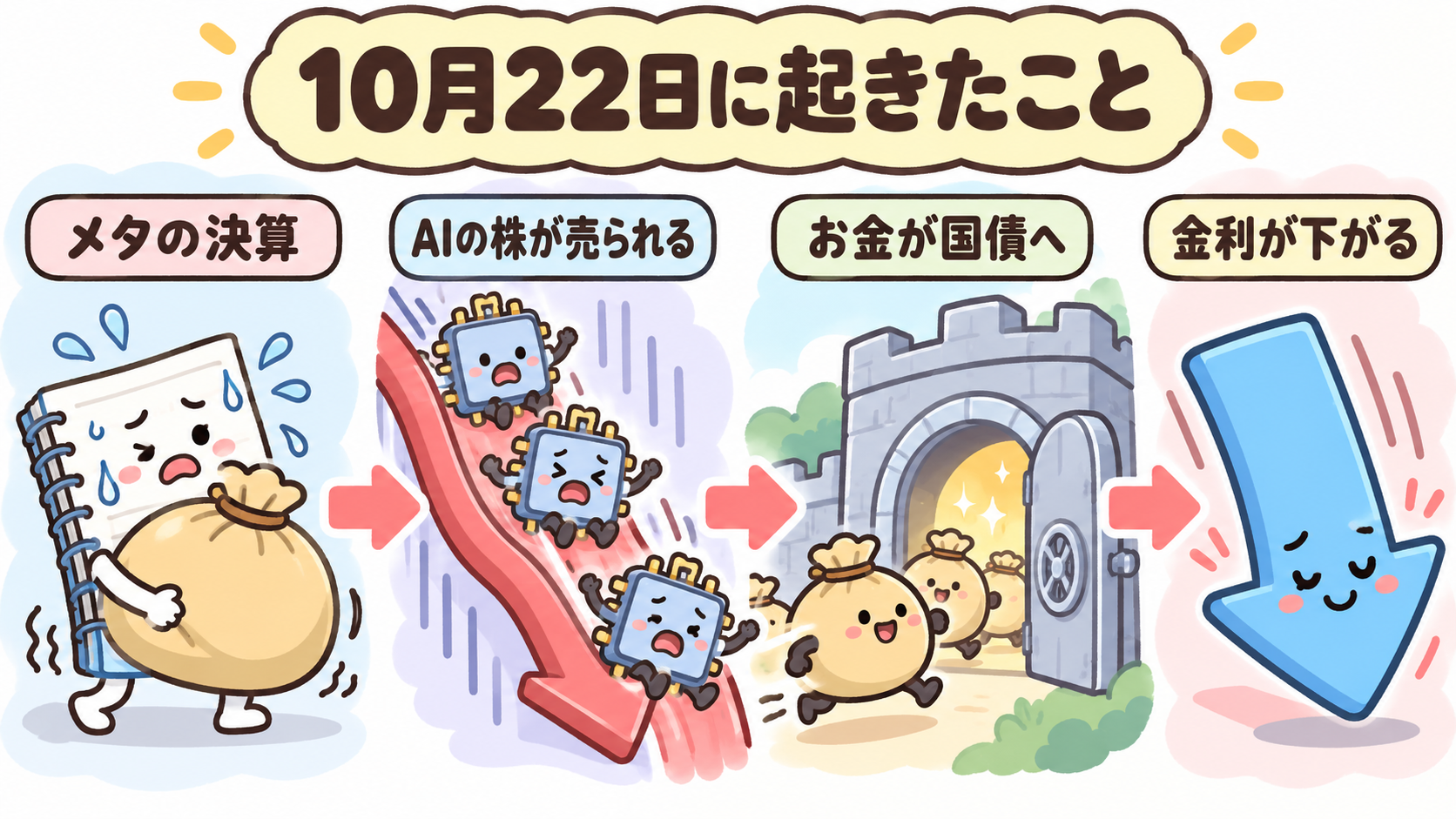10月22日の流れ。メタの決算、AIの株が売られる、お金が国債へ、金利が下がる