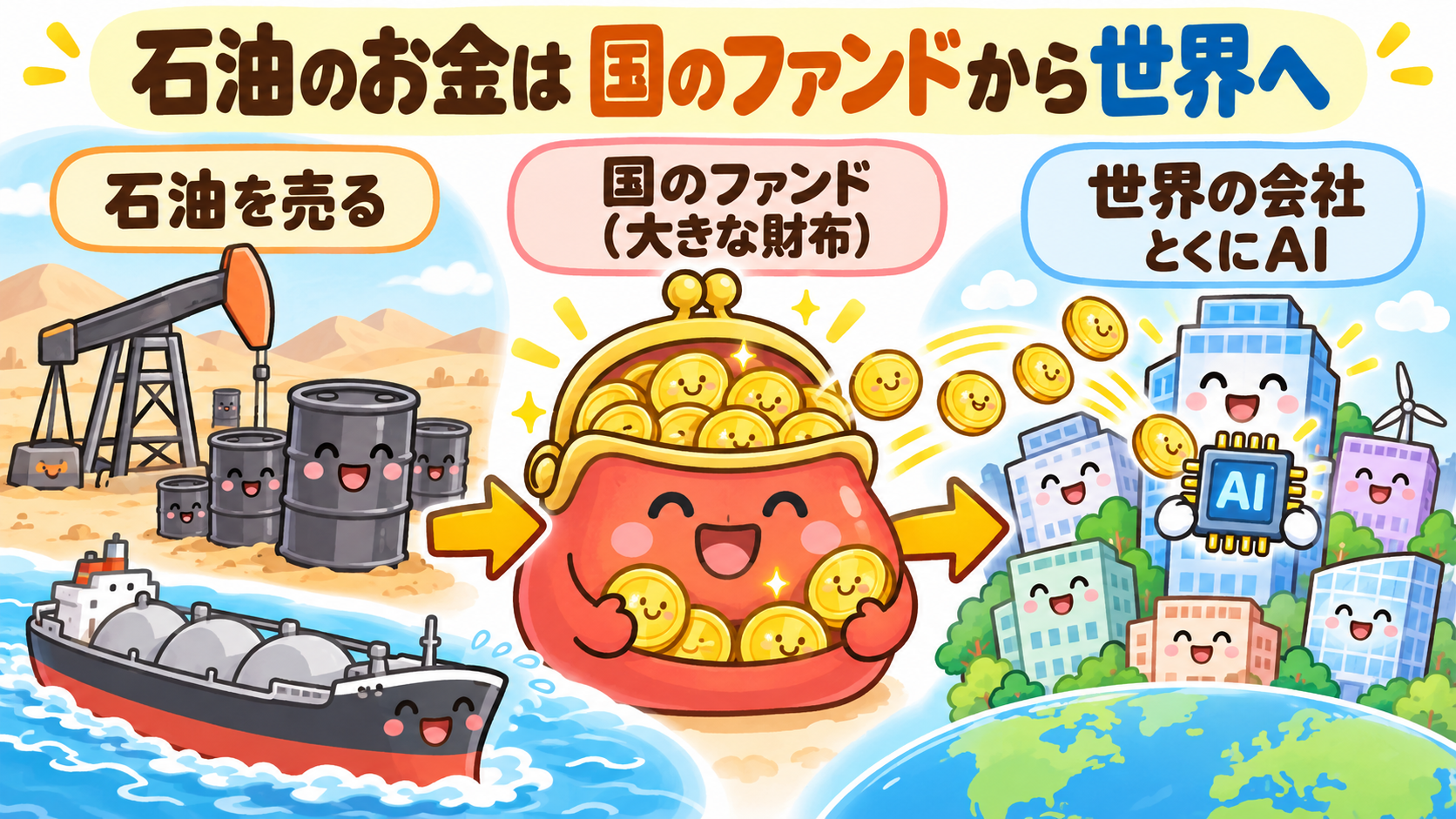 湾岸の国が石油を売ったお金を国のファンドに入れ、世界の会社に投資する流れ