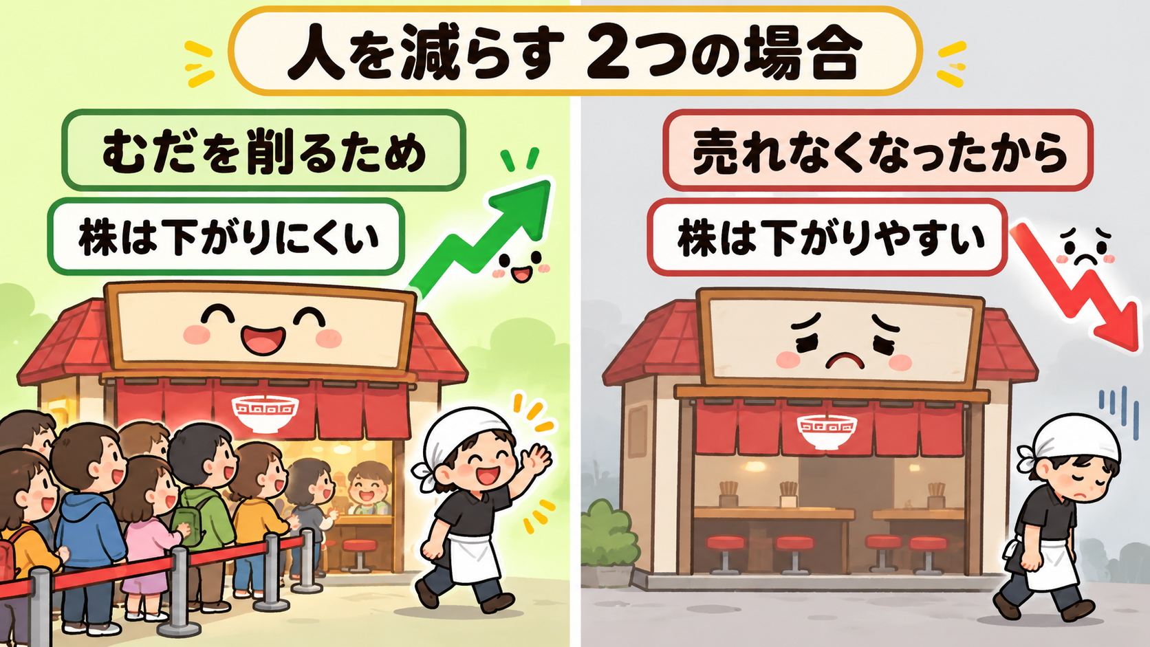 人を減らす2つの場合。むだを削るためなら株は下がりにくい。売れなくなったからなら株は下がりやすい