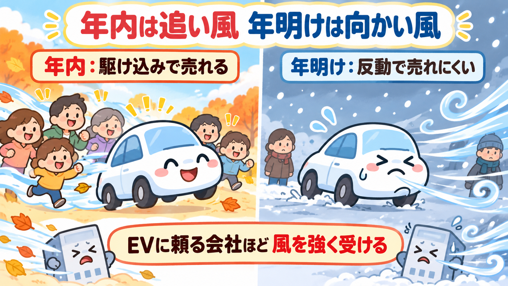 年内は駆け込みの追い風、年明けは反動の向かい風。EVに頼る会社ほど、風を強く受ける