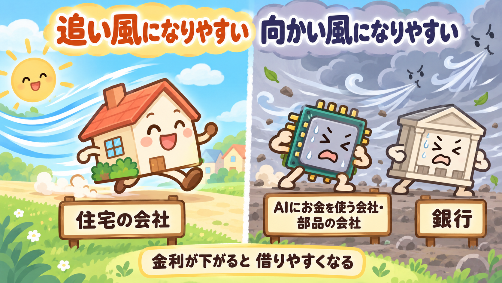 AIにお金を使う会社とAIの部品の会社には向かい風、住宅の会社には追い風、銀行には向かい風