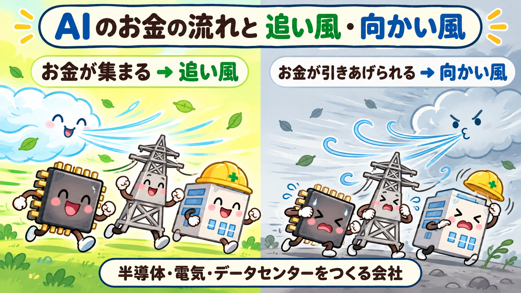 AIにお金が集まると、半導体・電力・データセンターをつくる会社に追い風。引きあげられると、同じ業種に向かい風