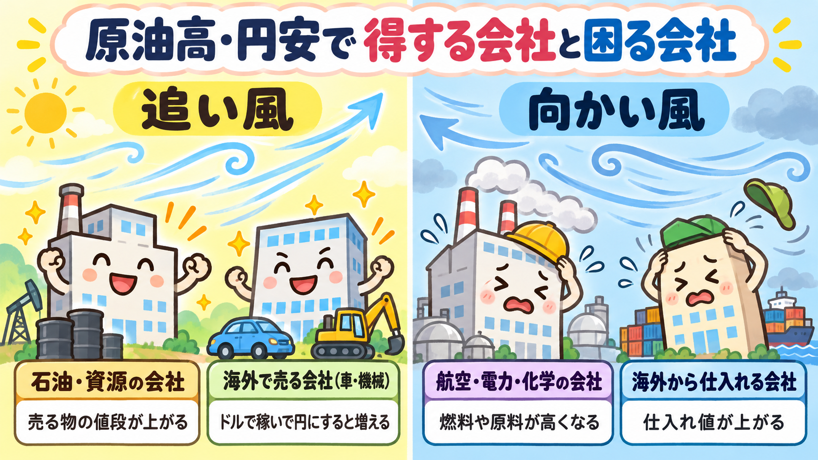 原油高と円安で、追い風になる会社と向かい風になる会社の図