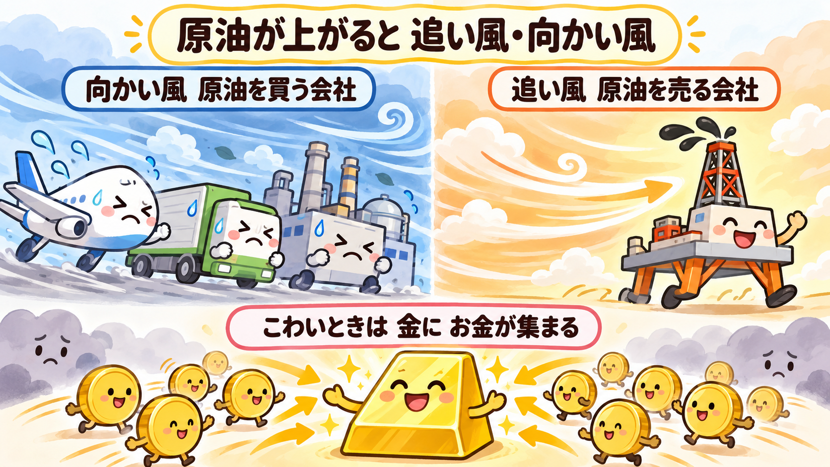原油が上がると、原油を買う会社には向かい風、売る会社には追い風。こわいときは金にお金が集まる