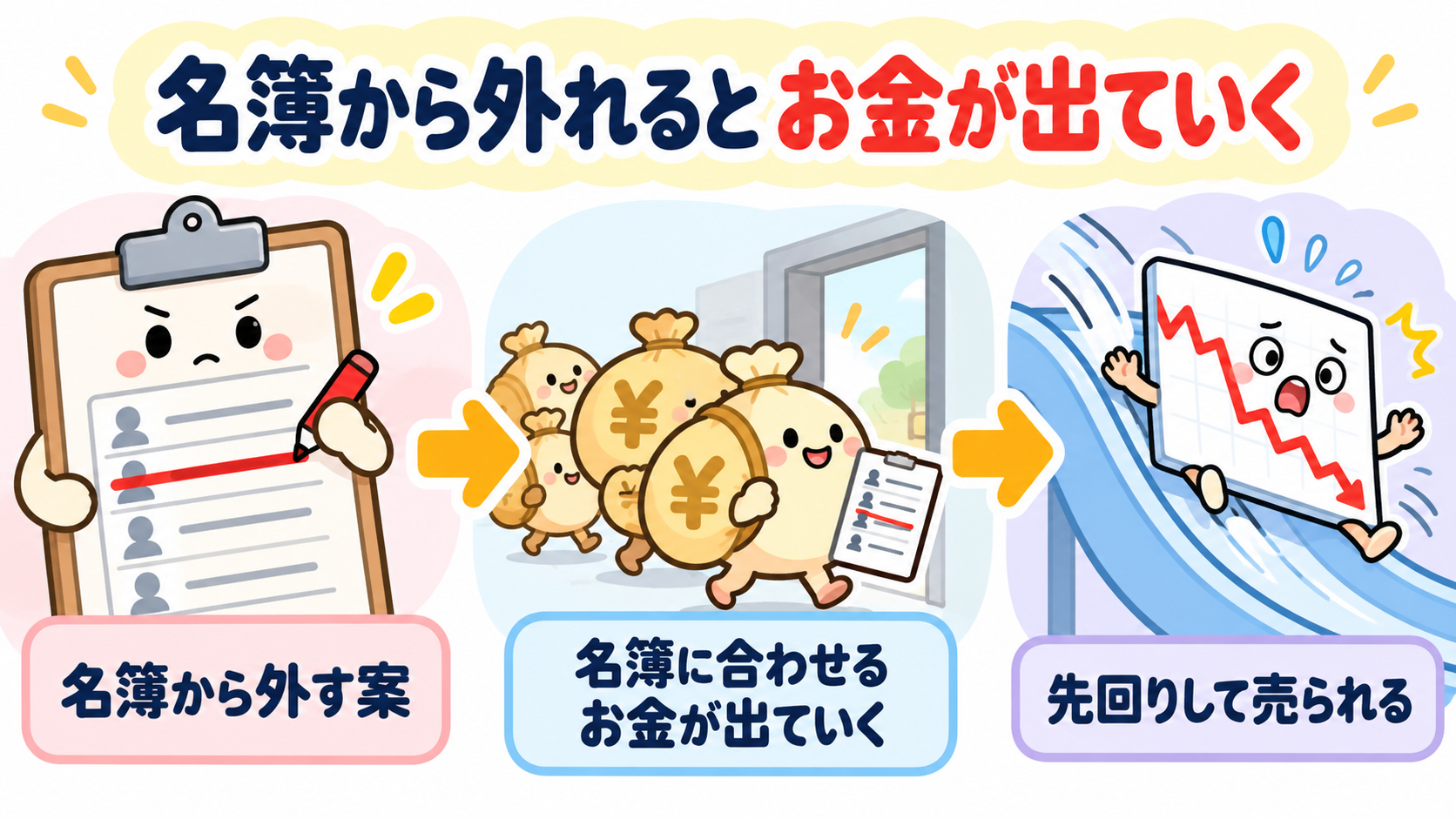 MSCIの名簿から外れる案が出て、指数に合わせる投資信託が売り、株の値段が下がるまでのつながり