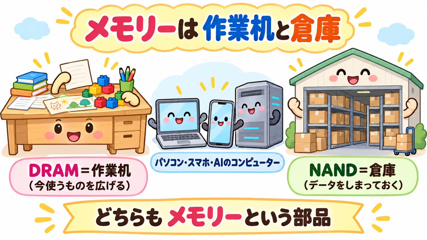 メモリーは作業机と倉庫。DRAMは今使うものを広げる作業机、NANDはデータをしまっておく倉庫