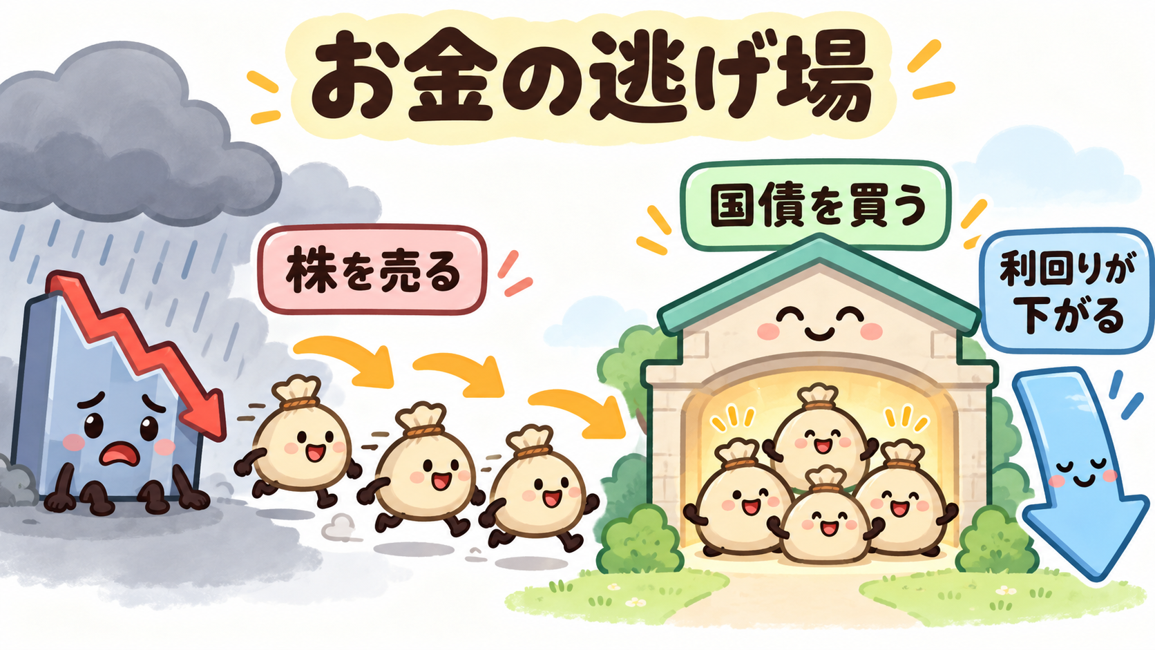 不安なとき、お金は株から国債へ逃げる。国債が買われると、利回りが下がる