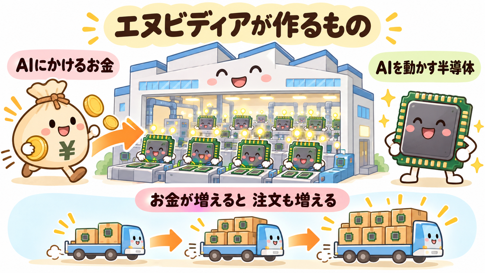 エヌビディアは、AIの工場に置く「計算のエンジン」を作る会社。AIにかけるお金が増えると、エンジンの注文も増える