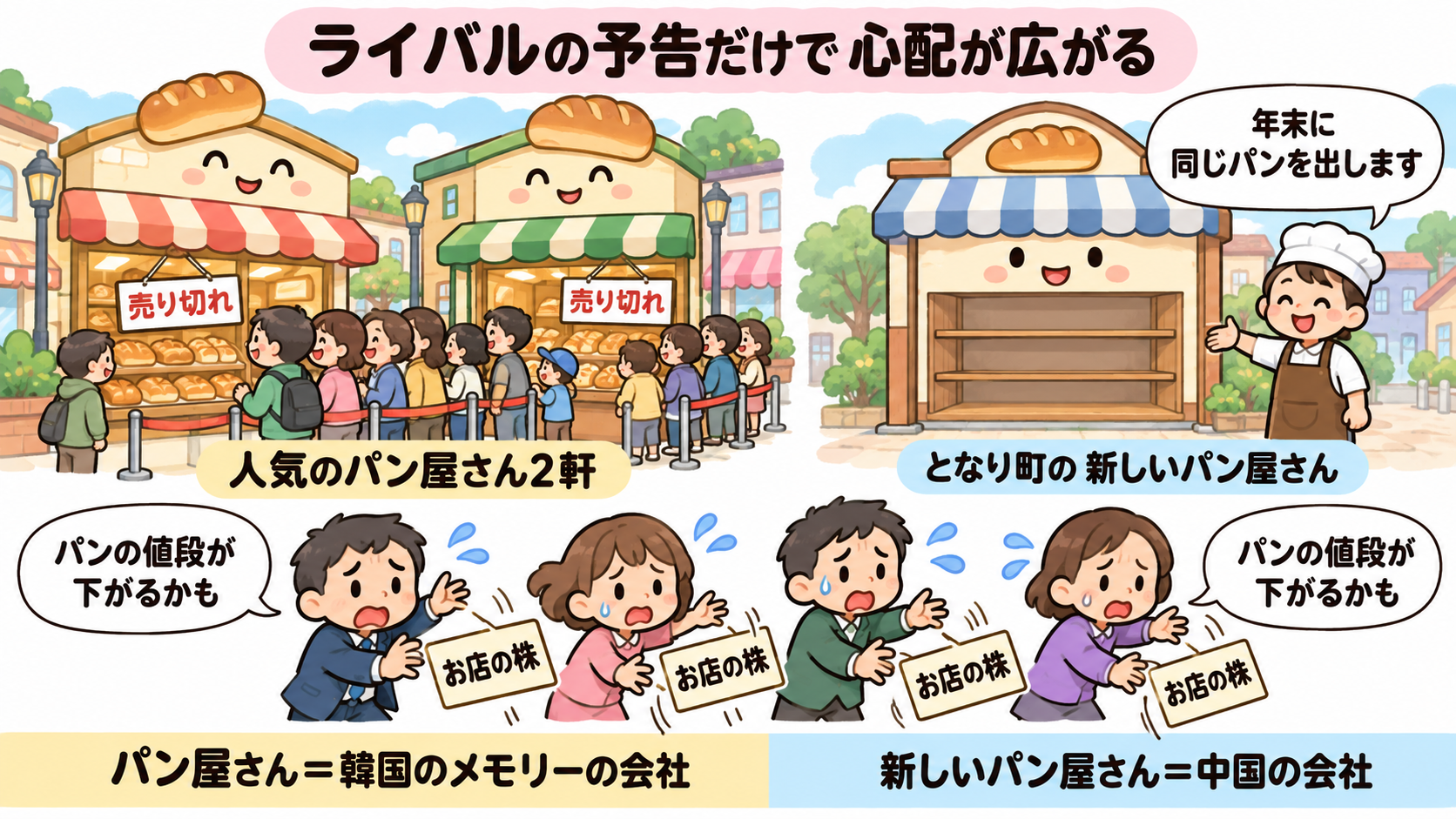 ライバルの予告だけで心配が広がる。人気のパン屋さん2軒と、となり町の新しいパン屋さん