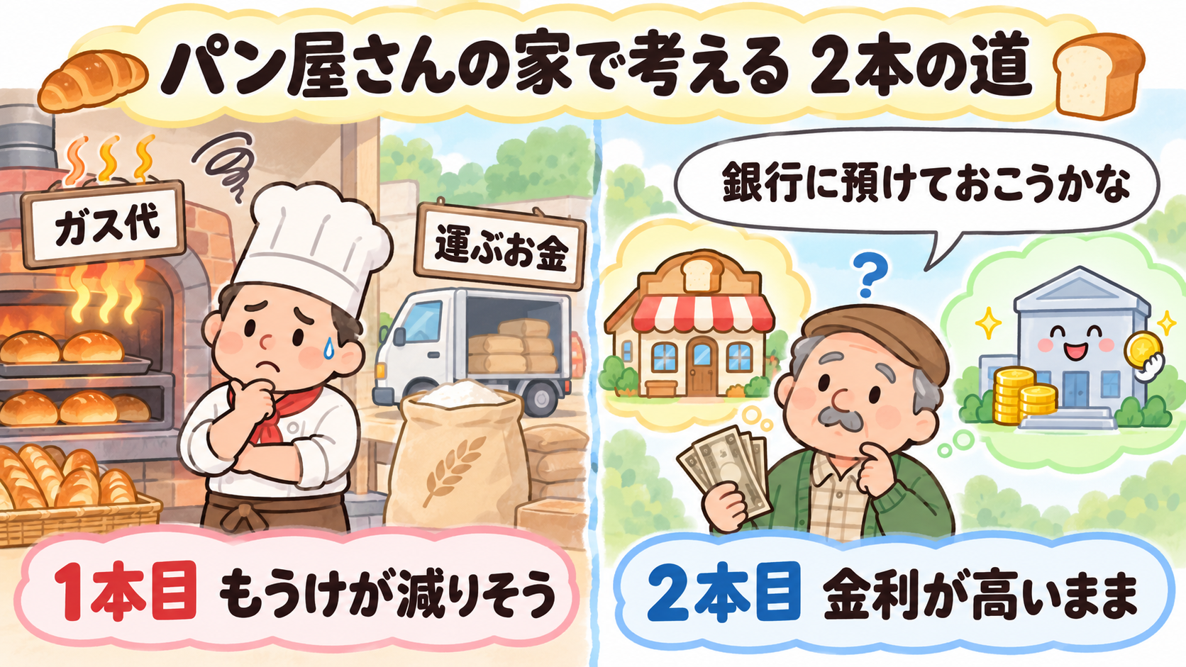 パン屋さんの家で、小麦粉とガス代が上がり、銀行の利息も気になる様子の図