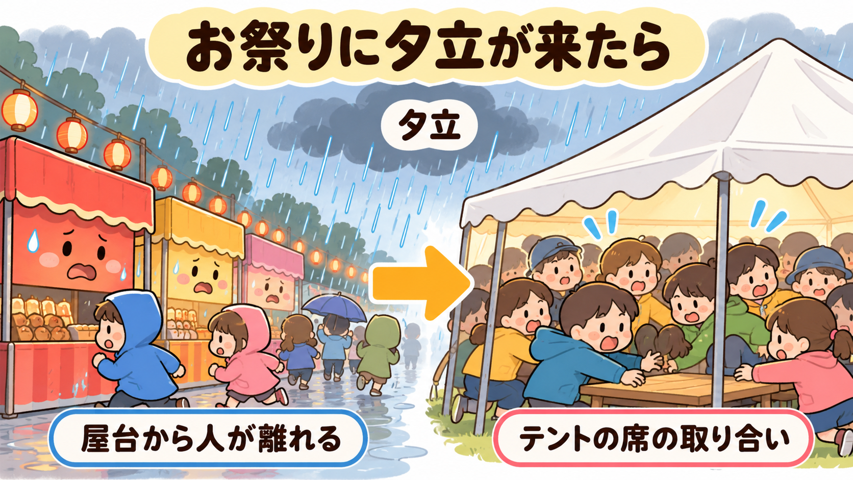 お祭りに夕立。屋台からお客さんが減り、テントの下に人が集まる。テントの席の取り合いになる