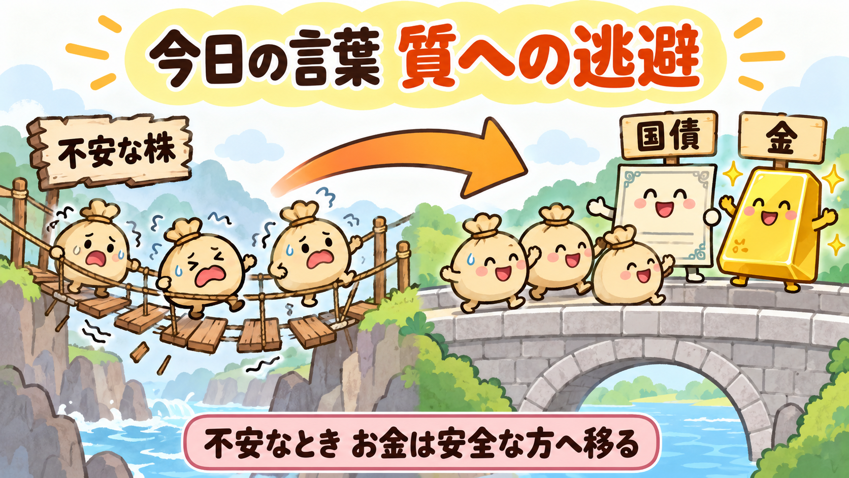 今日の言葉 質への逃避。不安が強まると、お金は株から、より安全な国債や金へ移る