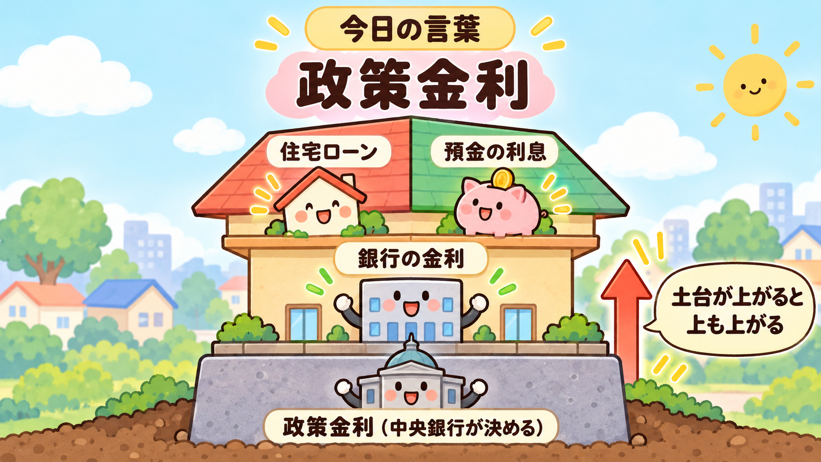 今日の言葉 政策金利。中央銀行が決める金利が土台になって、銀行の金利、住宅ローン、預金の利息が決まっていく
