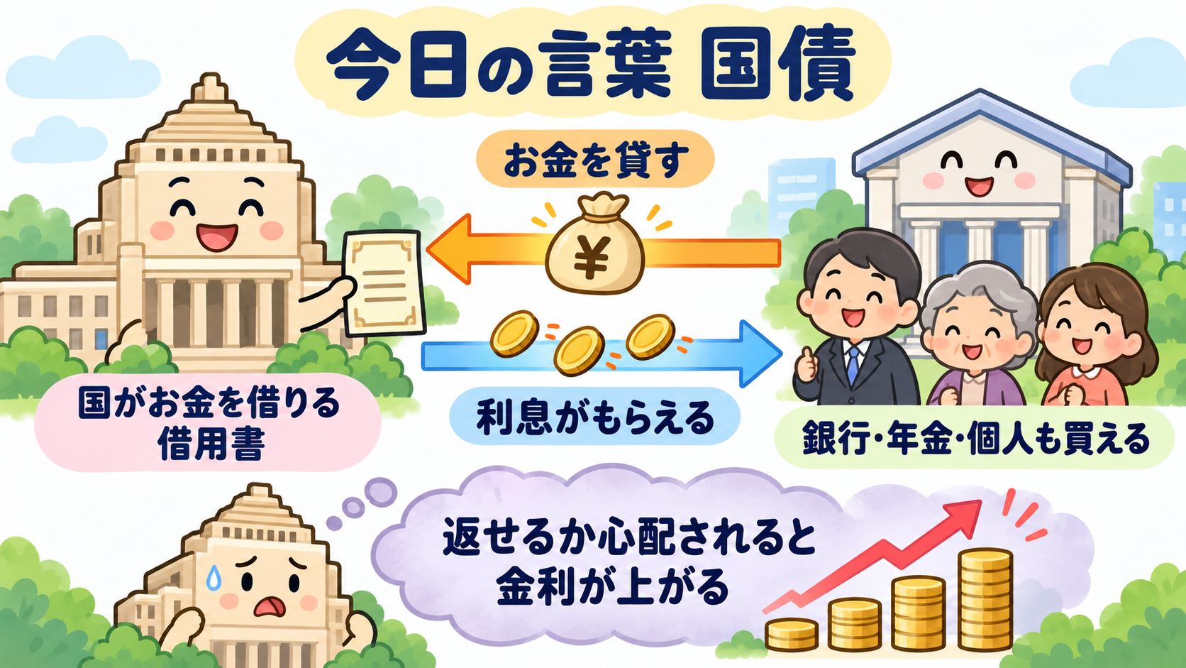 今日の言葉 国債。国がお金を借りるときの借用書。返せるか心配されると金利が上がる