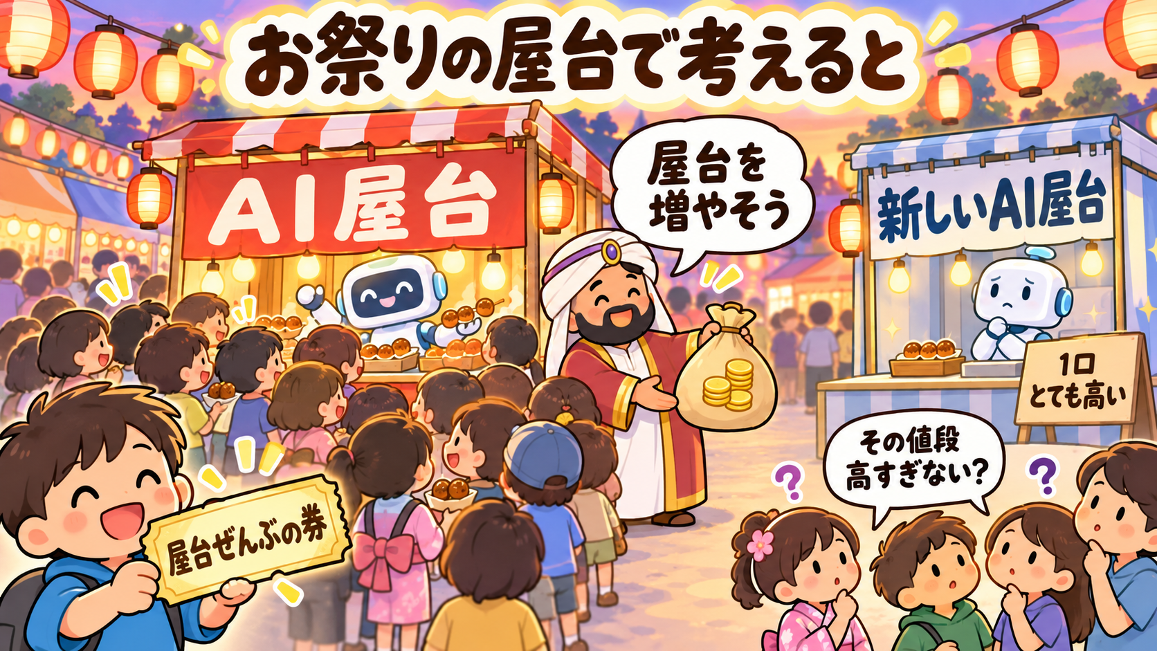 お祭りでいちばん人気のAI屋台に、遠くの石油長者がお金を出し、別の屋台は値段が高すぎてお客が集まらず開店をやめる様子